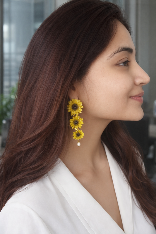 Yellow Chrysanthemum Danglers with Pearls