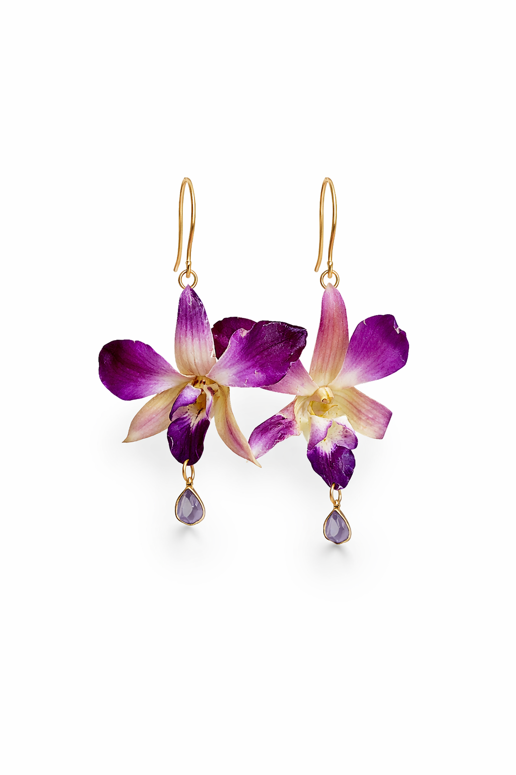 Purple Dendrobium Earrings with Glass Drops