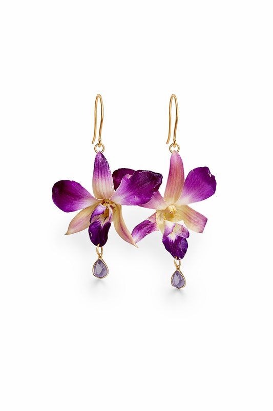 Purple Dendrobium Earrings with Glass Drops